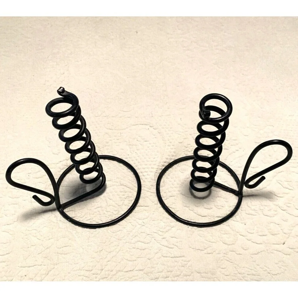 Candle Holder Set 2 Spiral Spring Wrought Iron Black Primitive Unbranded EUC